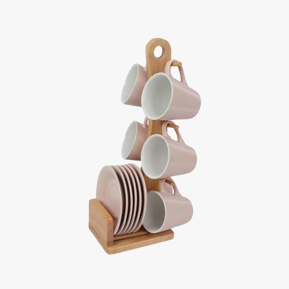 Juego de 6 Tazas con Platos base Bambú ROSADO
