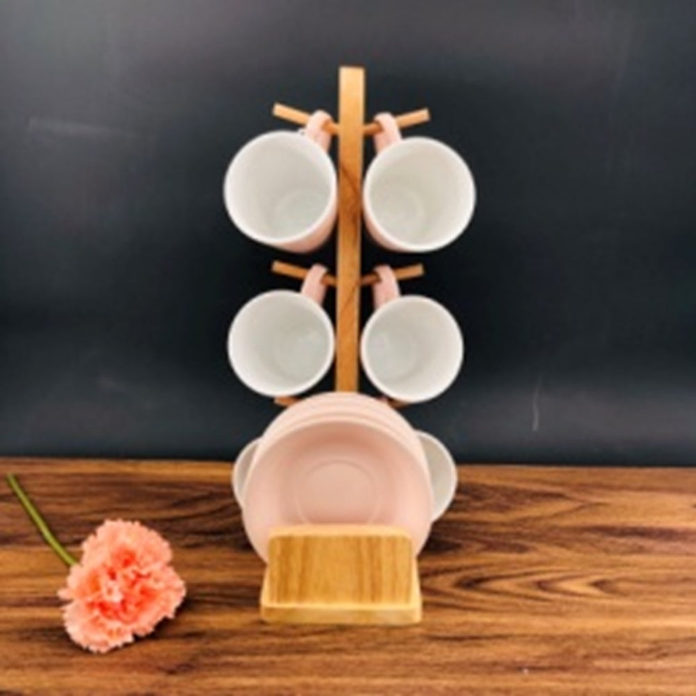 Juego de 6 Tazas con Platos base Bambú ROSADO