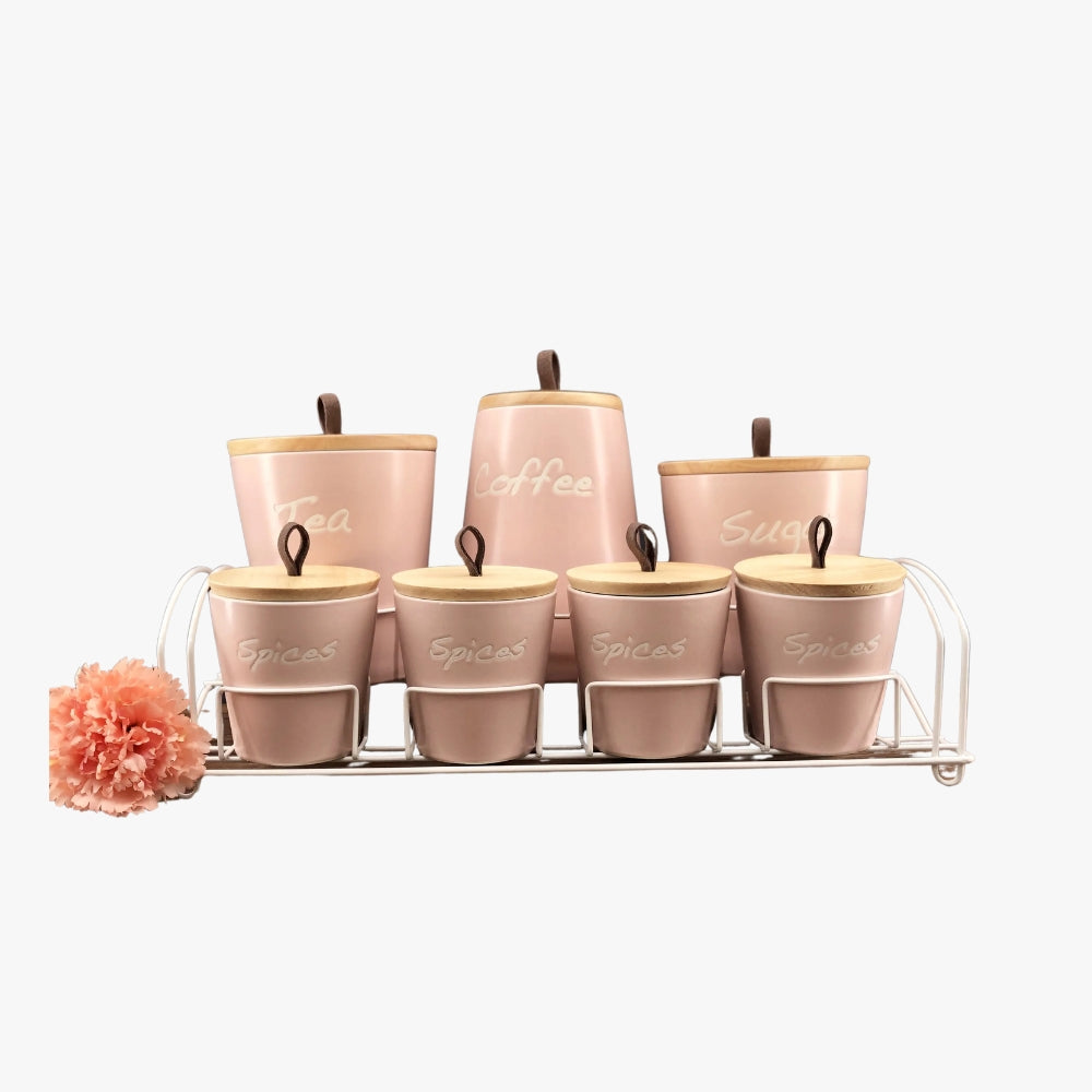 SET 7 ESPECIEROS CON BASE TE CAFE AZUCAR ROSADO