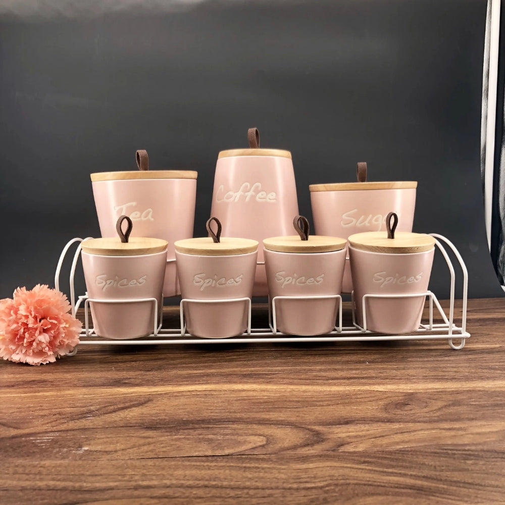 SET 7 ESPECIEROS CON BASE TE CAFE AZUCAR ROSADO