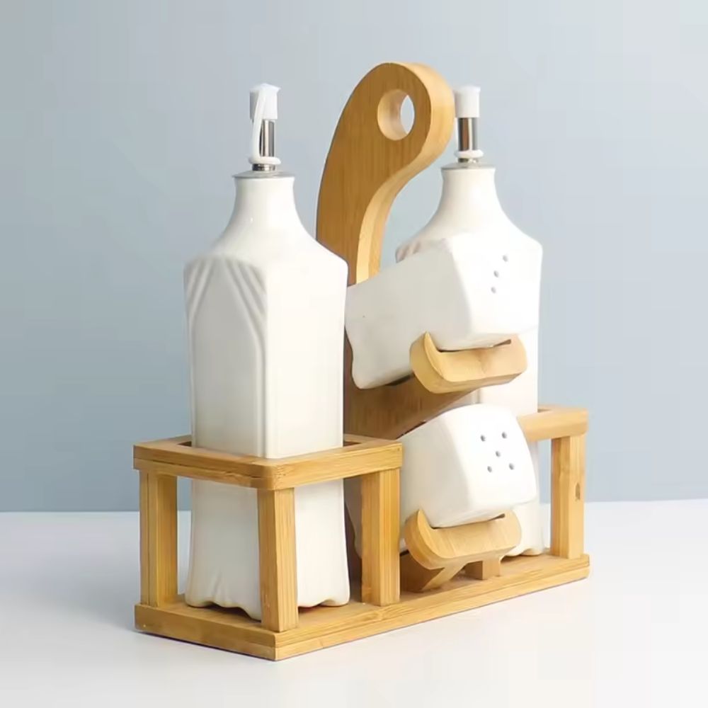 Set de Alcuza Madera De Cerámica Vinagrera y Aceitera