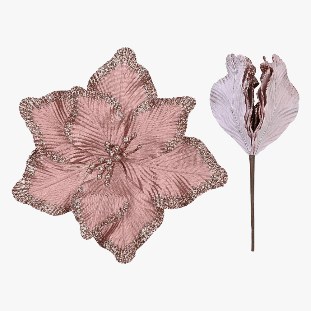 Set 6 Flores Navideñas 40cm Brillo Artificial Adorno Navidad Rosa