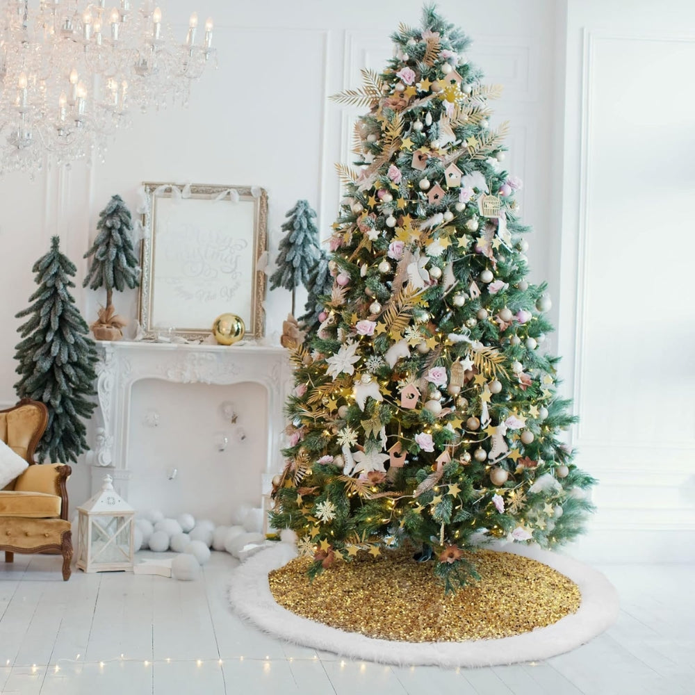 Faldón Pie De Árbol Navidad 122 cm Dorado Con Blanco