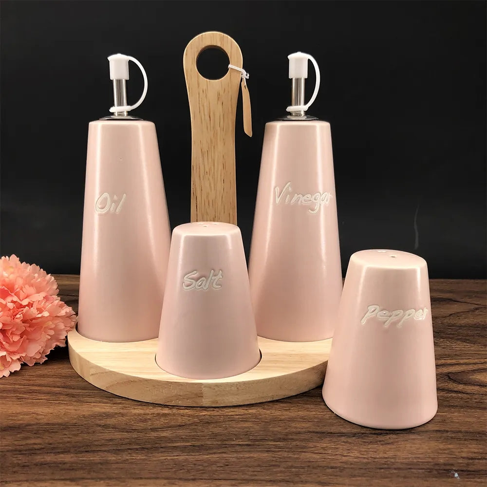 SET DE ALCUZA BAMBU DE CERÁMICA VINAGRERA Y ACEITERA ROSADO