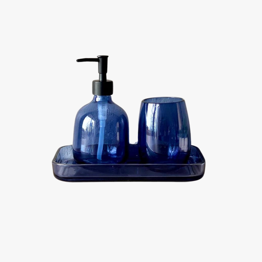 SET DE BAÑO PREMIUM 3 PIEZAS DISPENSADOR JABÓN LIQUIDO AZUL