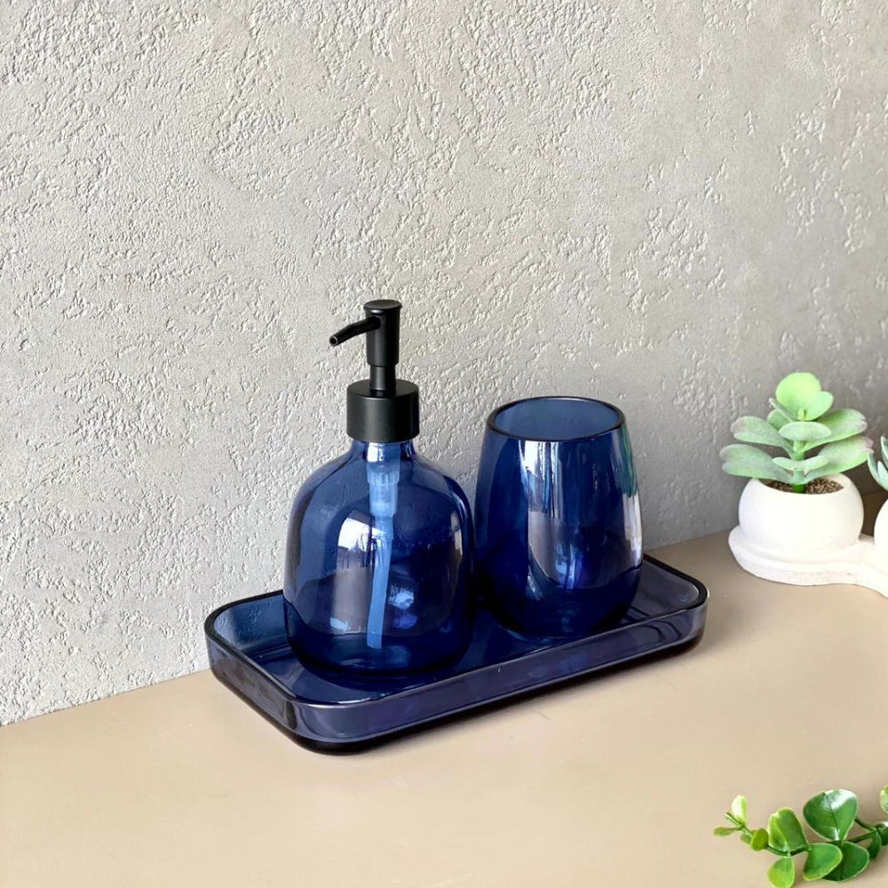 SET DE BAÑO PREMIUM 3 PIEZAS DISPENSADOR JABÓN LIQUIDO AZUL