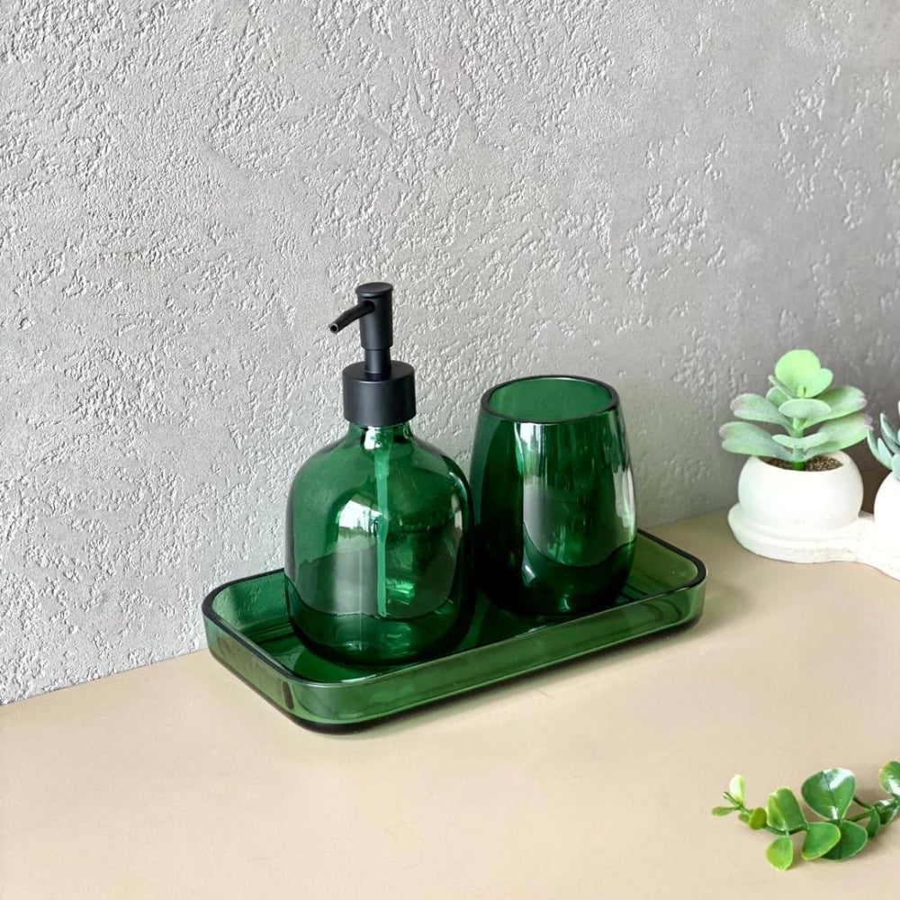 SET DE BAÑO PREMIUM 3 PIEZAS DISPENSADOR JABÓN LIQUIDO VERDE