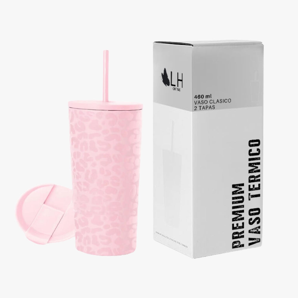 Vaso Térmico 460ml + 2 Tapas Rosado con Diseño