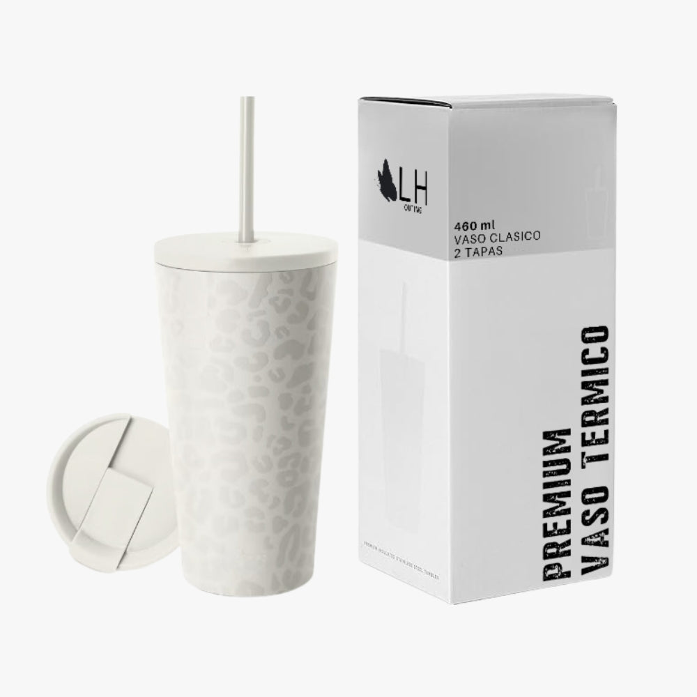 Vaso Térmico 460ml + 2 Tapas Blanco con Diseño