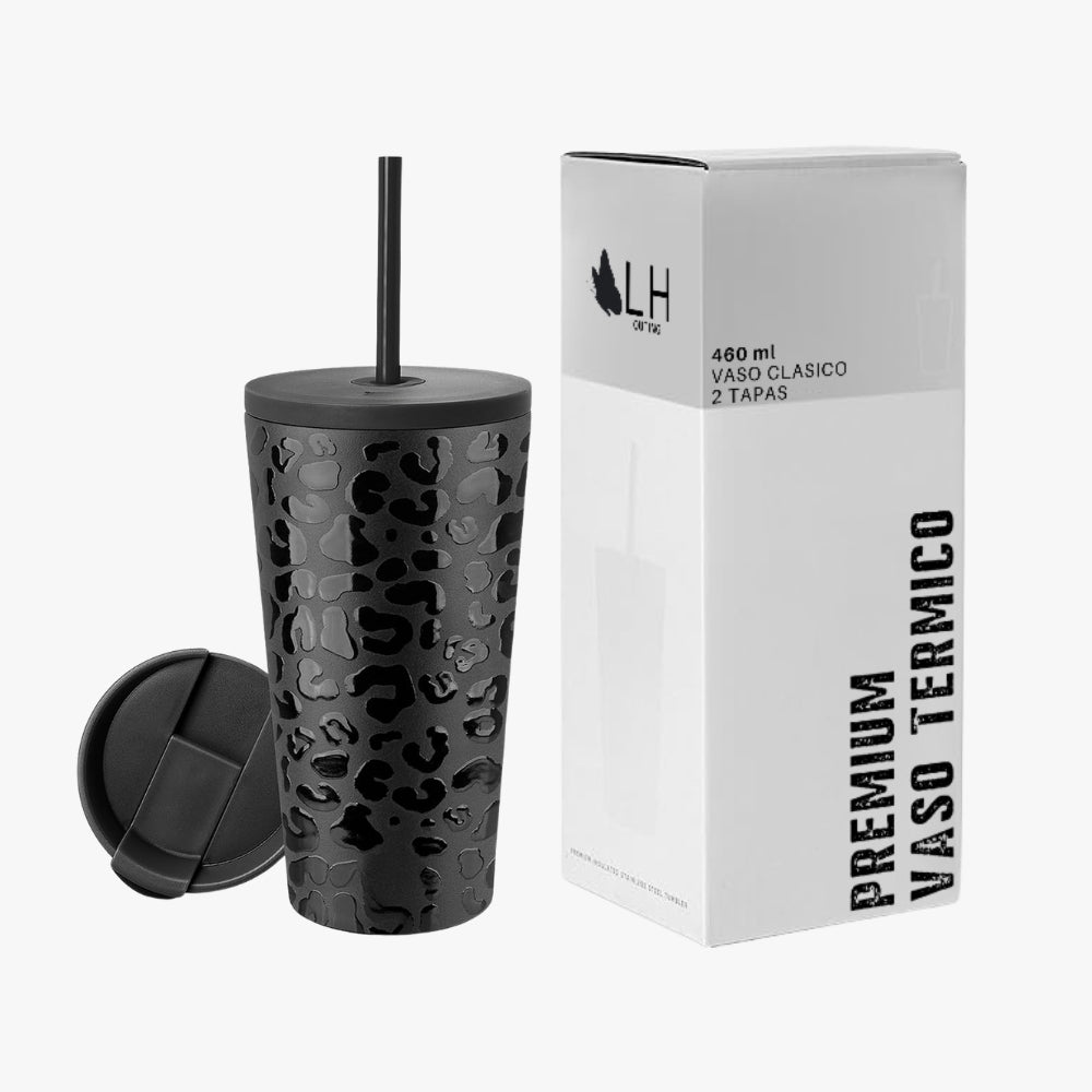 Vaso Térmico 460ml + 2 Tapas Negro con Diseño