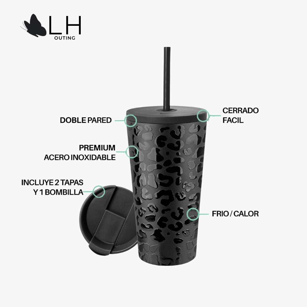 Vaso Térmico 460ml + 2 Tapas Negro con Diseño