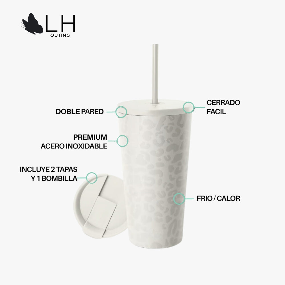 Vaso Térmico 460ml + 2 Tapas Blanco con Diseño