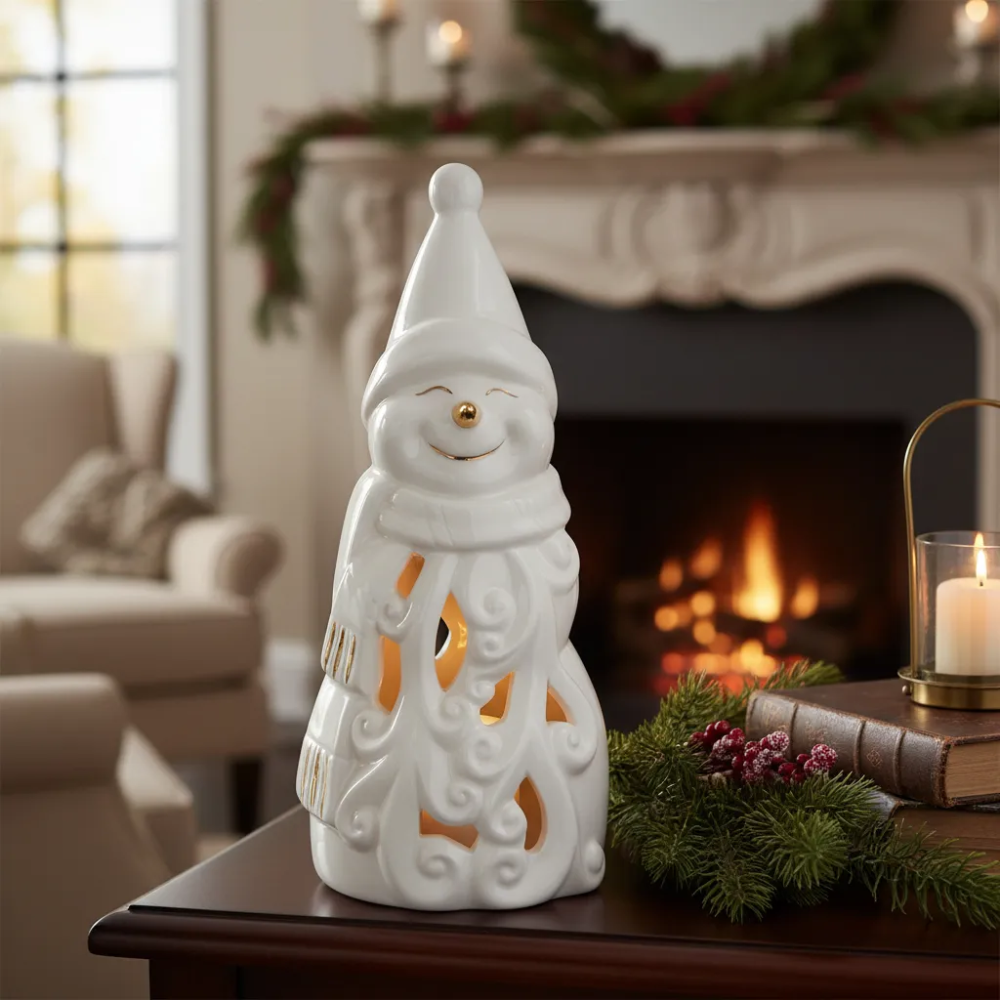 Adorno Muñeco De Nieve Led Cerámica 21 cm Navidad Decoración