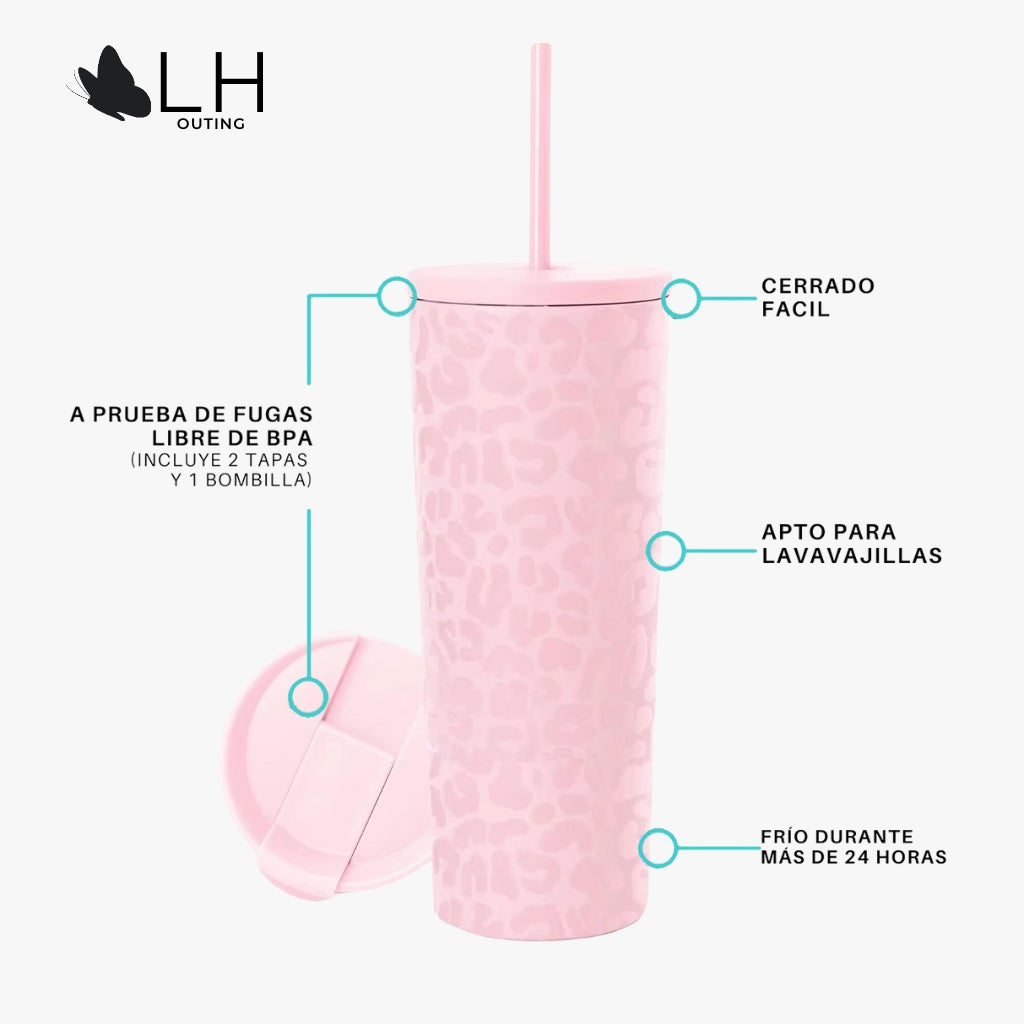 Vaso Térmico 700ml + 2 tapas Rosado con Diseño