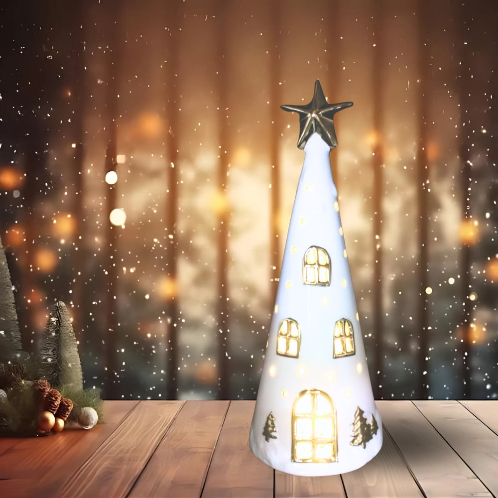 Adorno Casa Pino con Estrella Led Cerámica 30 cm Navidad Decoración