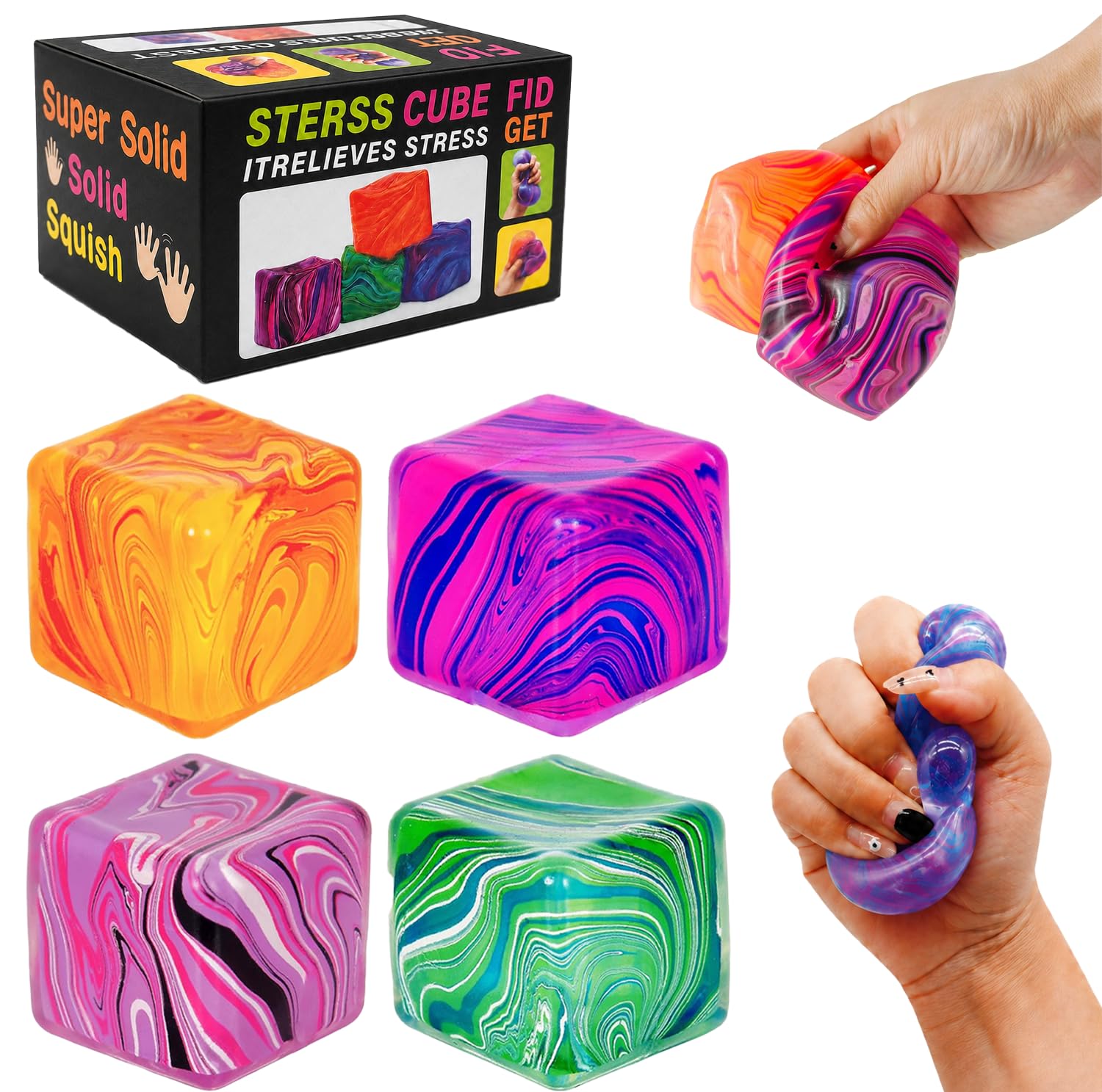 Set de 4 Cubos Squishy Antiestrés Marble – Slow Rising | Sensoriales Virales