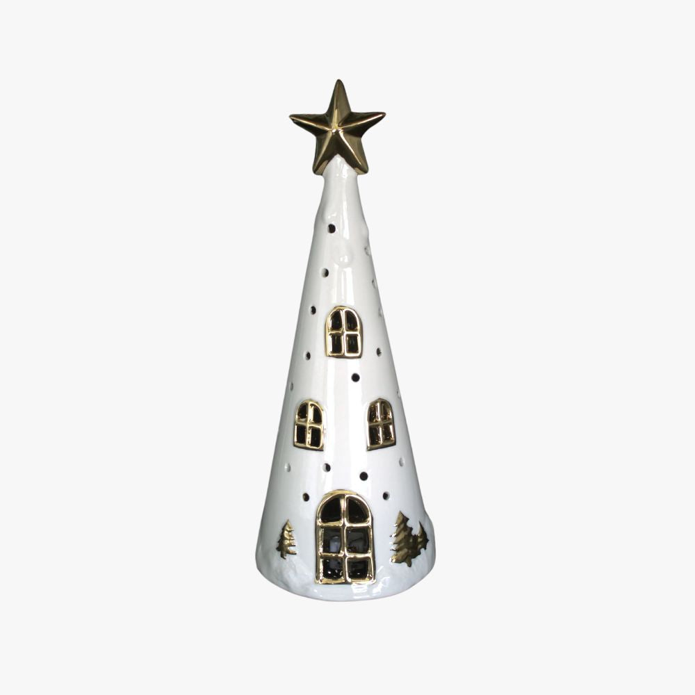 Adorno Casa Pino con Estrella Led Cerámica 30 cm Navidad Decoración