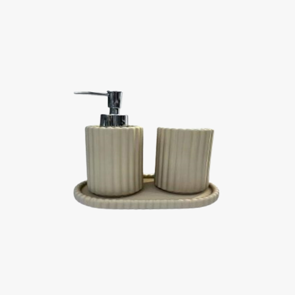 SET DE BAÑO PREMIUM 3 PIEZAS DISPENSADOR JABÓN LIQUIDO BEIGE