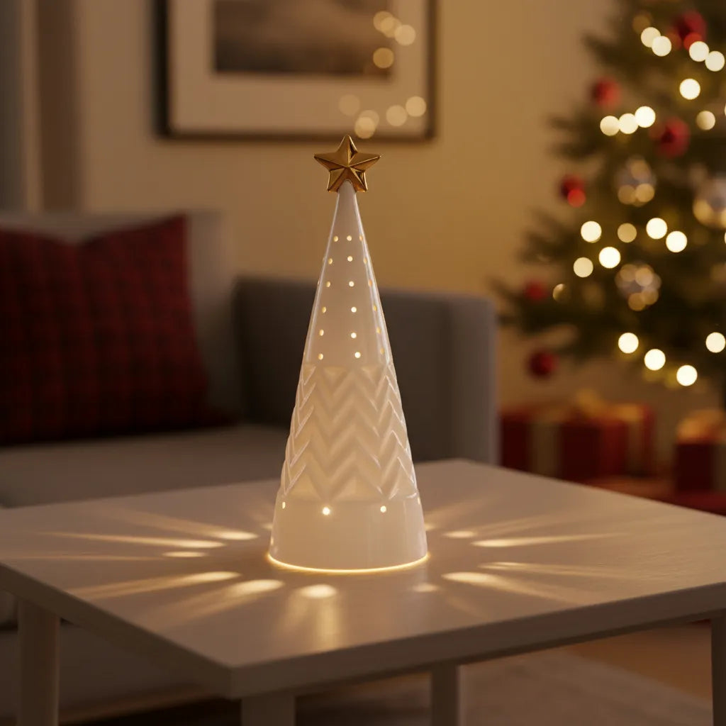 Adorno Árbol Pino con Estrella Led Cerámica 24 cm Navidad Decoración