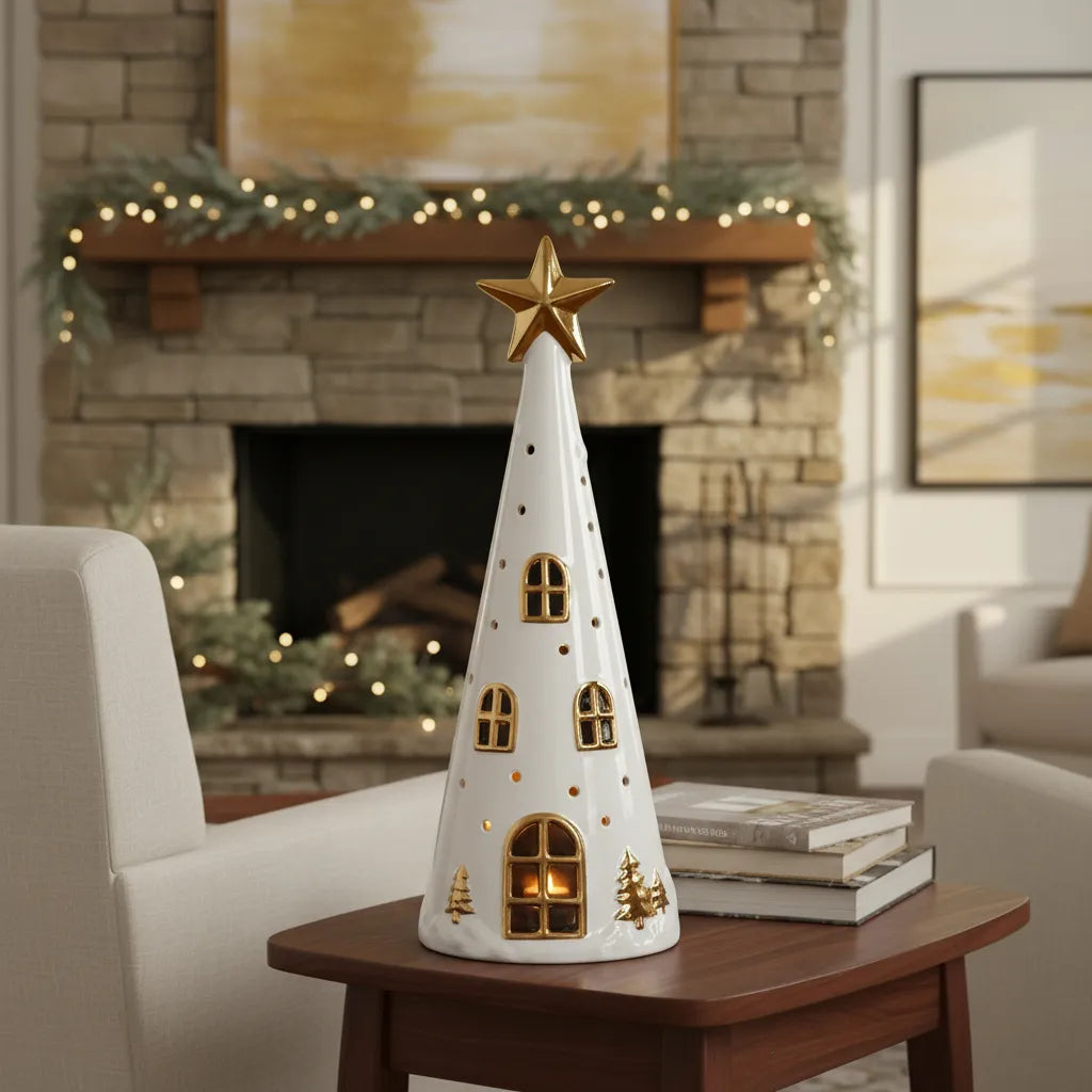 Adorno Casa Pino con Estrella Led Cerámica 30 cm Navidad Decoración