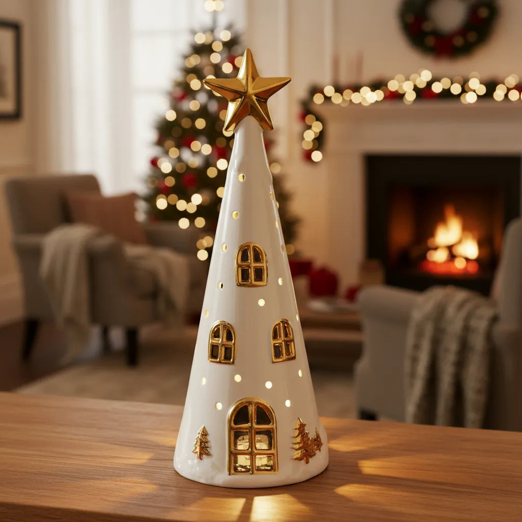 Adorno Casa Pino con Estrella Led Cerámica 30 cm Navidad Decoración
