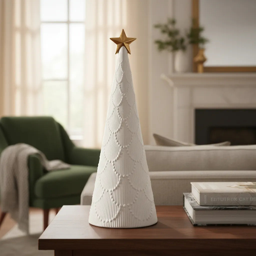 Adorno Árbol Pino con Estrella Led Cerámica 30 cm Navidad Decoración