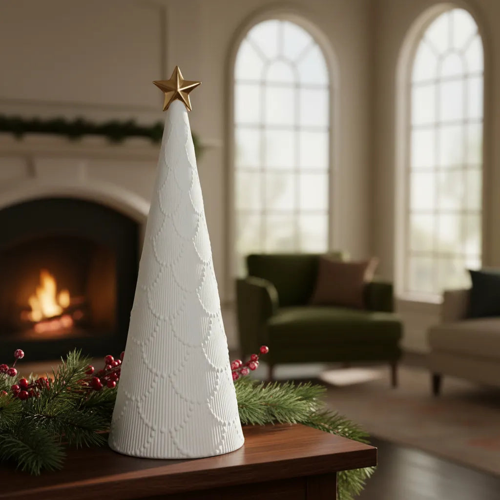 Adorno Árbol Pino con Estrella Led Cerámica 30 cm Navidad Decoración