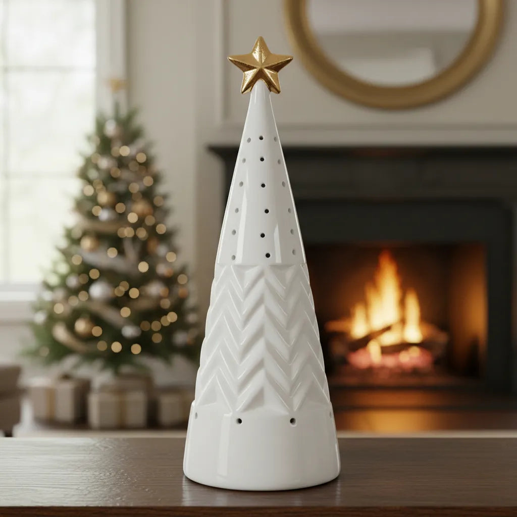 Adorno Árbol Pino con Estrella Led Cerámica 24 cm Navidad Decoración