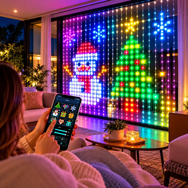 Cortina LED Smart decorando una sala en Navidad