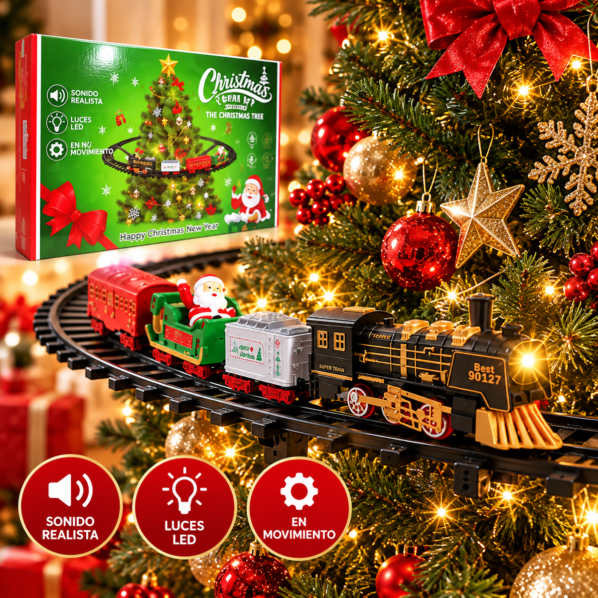 Tren eléctrico para árbol de Navidad con luces, sonido y movimiento