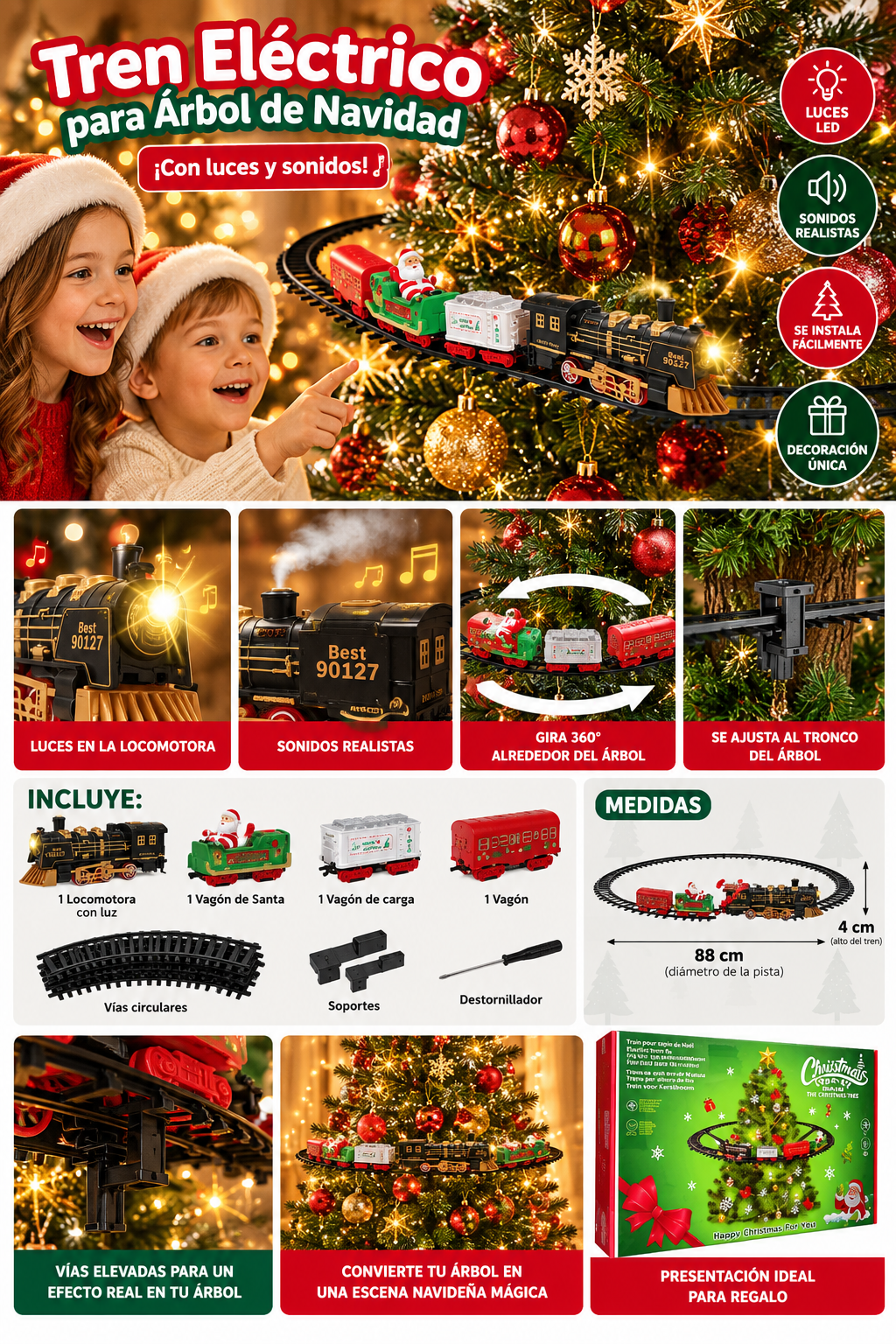 Tren eléctrico navideño para árbol con luces y sonidos