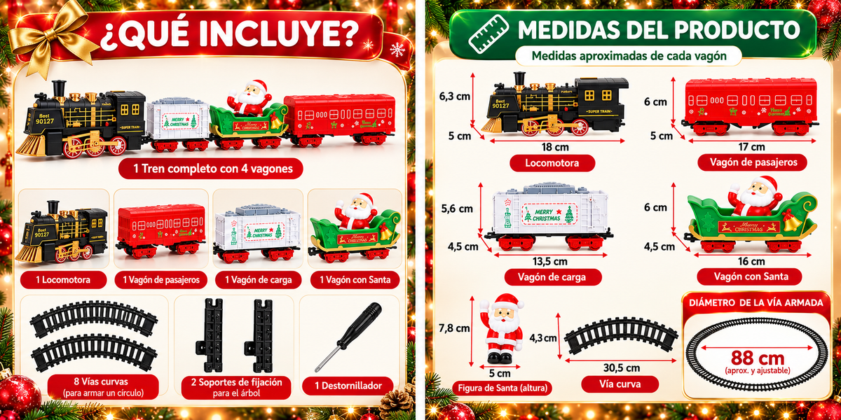 Qué incluye y medidas en centímetros del tren eléctrico para árbol de Navidad, diámetro 88 cm
