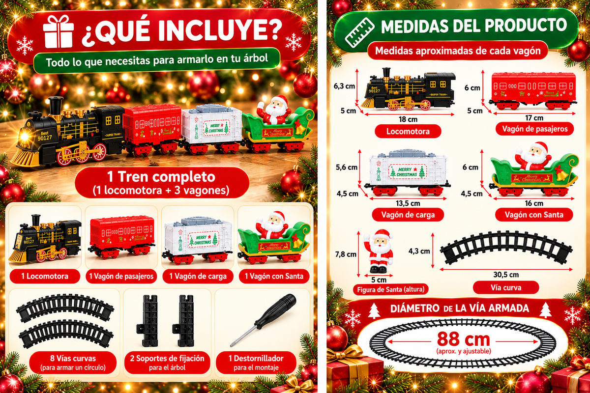 Tren eléctrico navideño: incluye locomotora, tres vagones, accesorios y vía de 88 cm de diámetro